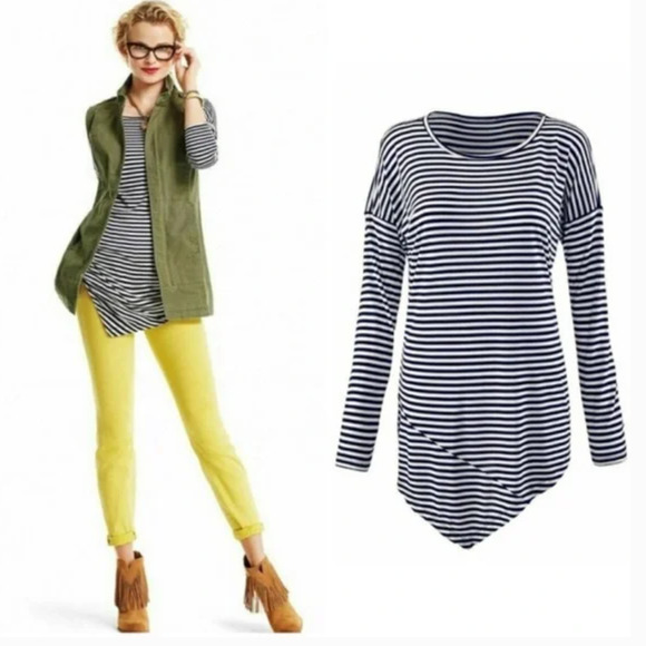 CAbi Boat Striped Asymmetrical Long Sleeve Tee Blouse Style 5064 - Picture 4 of 9